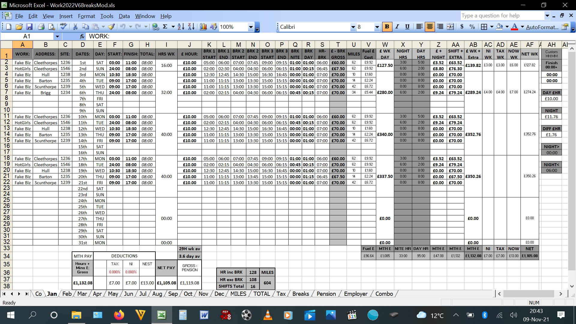 CONCISE NIGHT HOURS TOTAL FORMULA of BREAKS START&FINISH X3 within